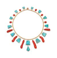 Gold, Turquoise, and Coral Collar Necklace