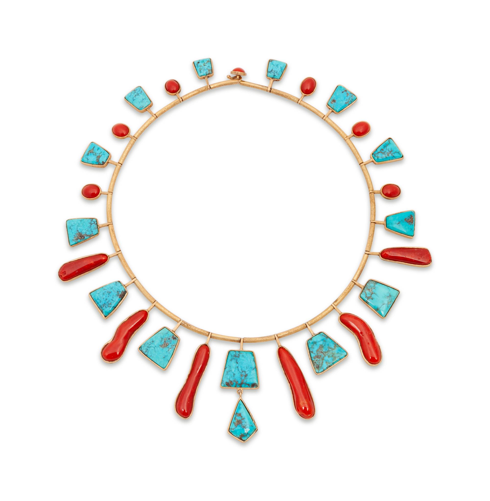 Gold, Turquoise, and Coral Collar Necklace