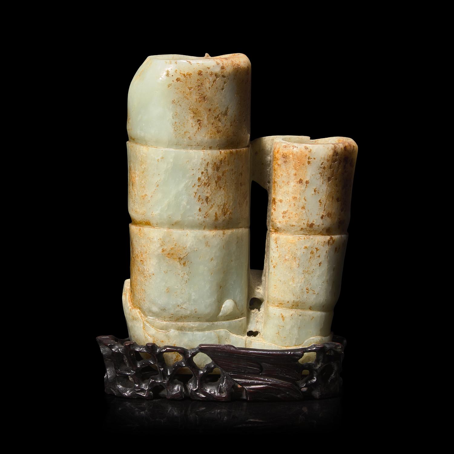 A Chinese Mottled Celadon and Russet Jade 'Double-Bamboo' Vase 青玉仿竹雙聯瓶