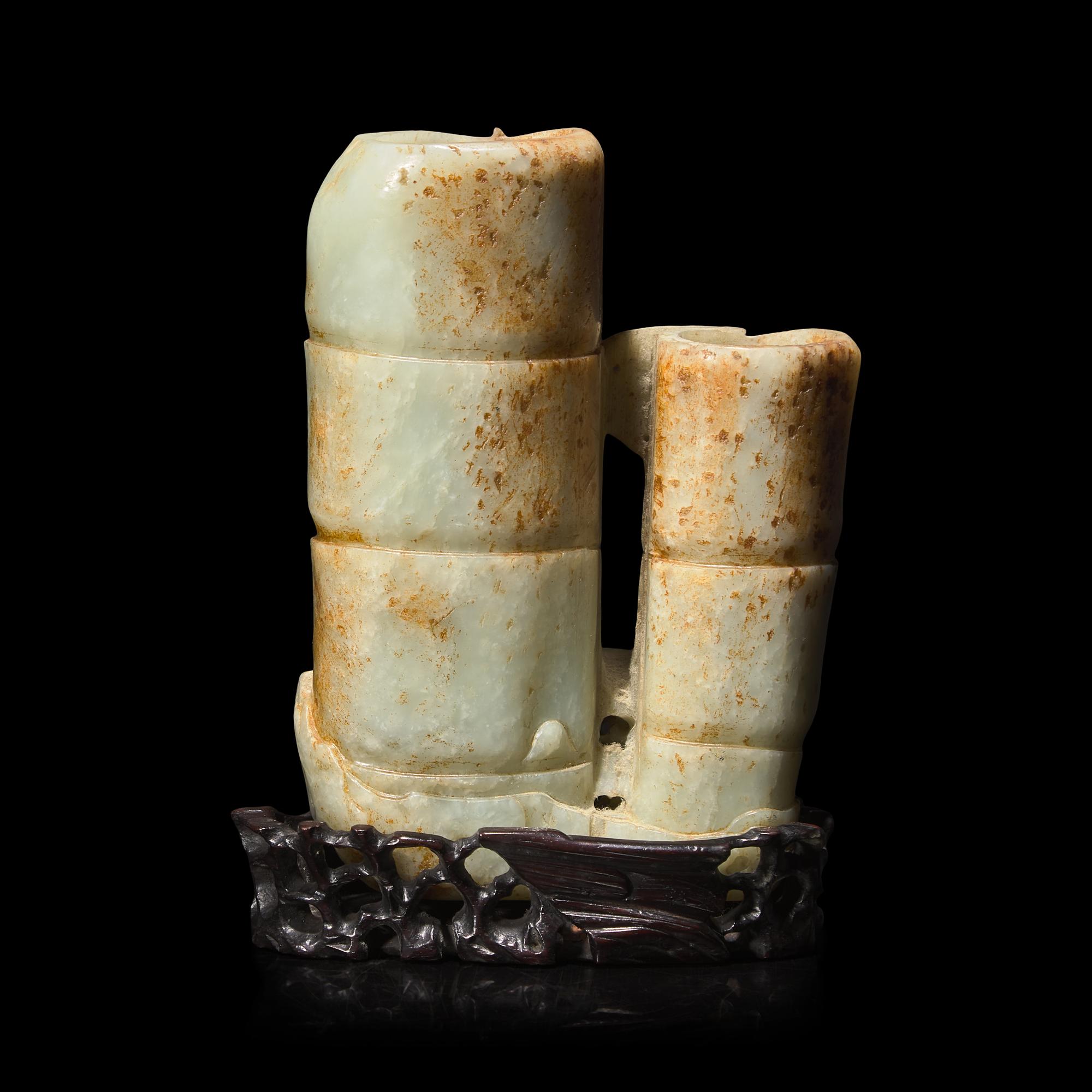 A Chinese Mottled Celadon and Russet Jade 'Double-Bamboo' Vase 青玉仿竹雙聯瓶