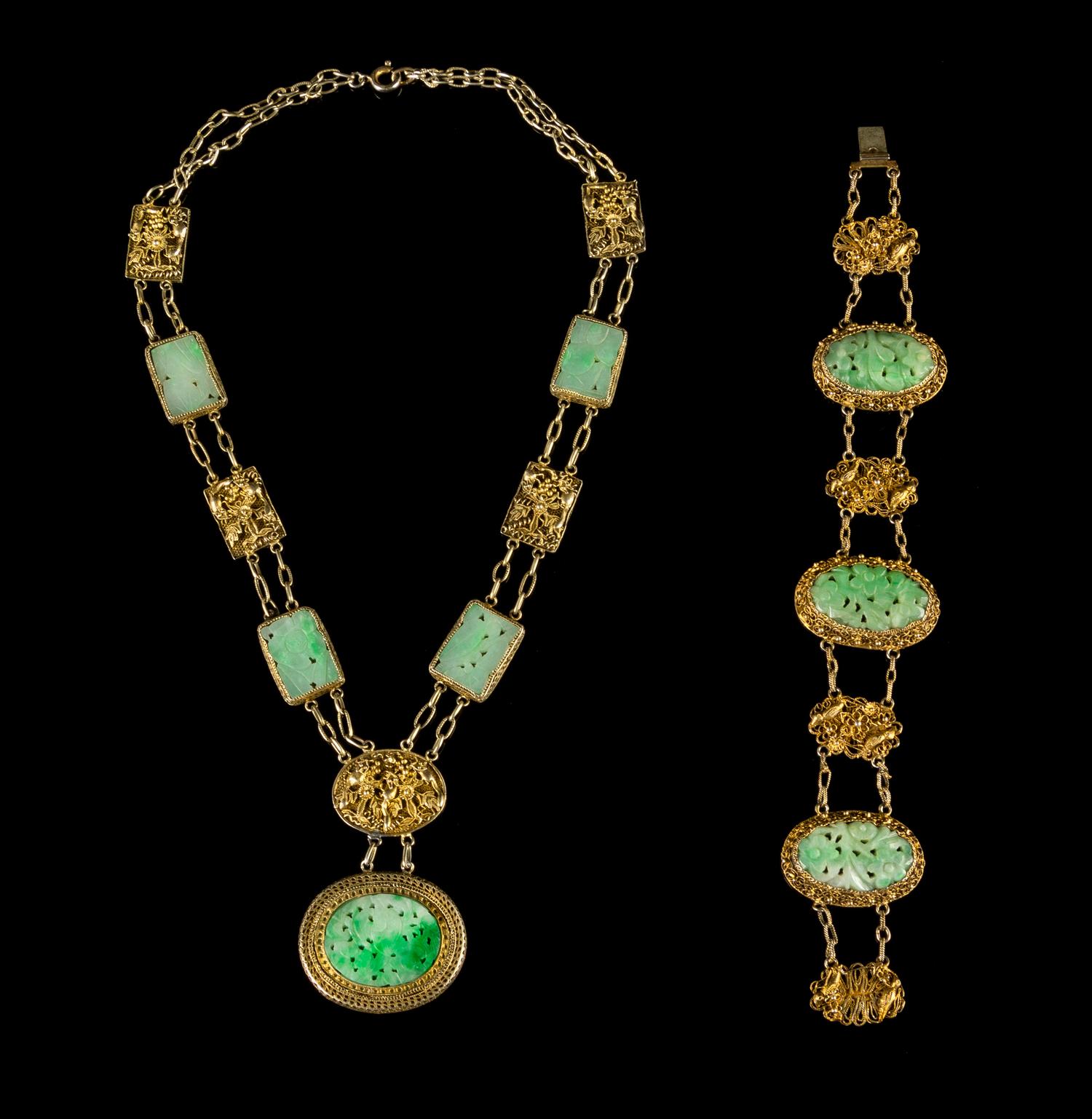 A Jadeite Inset Silver Gilt Necklace and a Bracelet Length of necklace 9 inches. — LATE 19TH/EARLY 20TH CENTURY