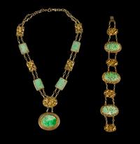 A Jadeite Inset Silver Gilt Necklace and a Bracelet Length of necklace 9 inches. — LATE 19TH/EARLY 20TH CENTURY