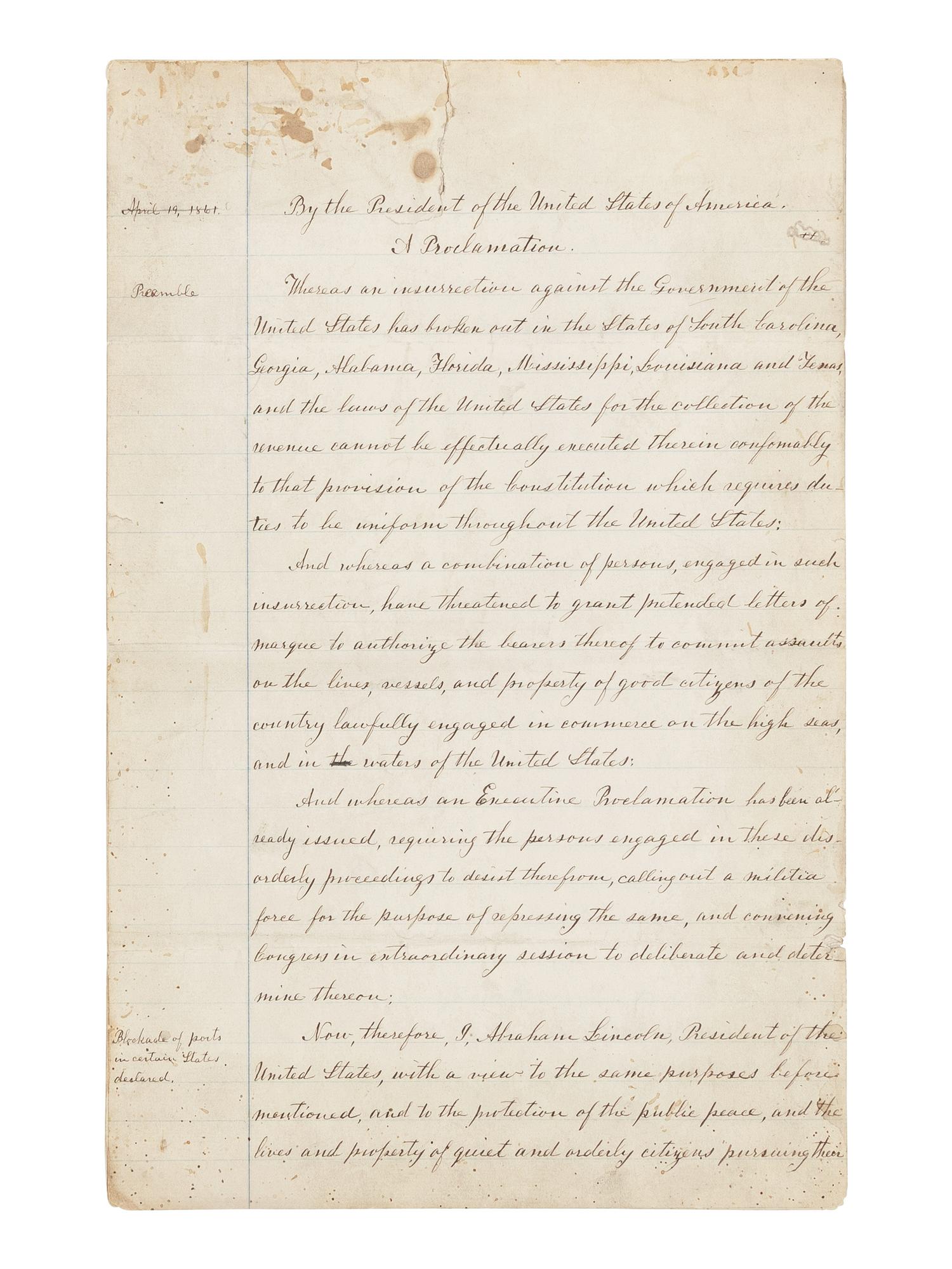 [LINCOLN, Abraham (1809-1865)]. A fair copy manuscript of Lincoln's proclamation ordering the blockade of all Confederate ports. Washington, D.C., ca. 18 April 1861 or before.