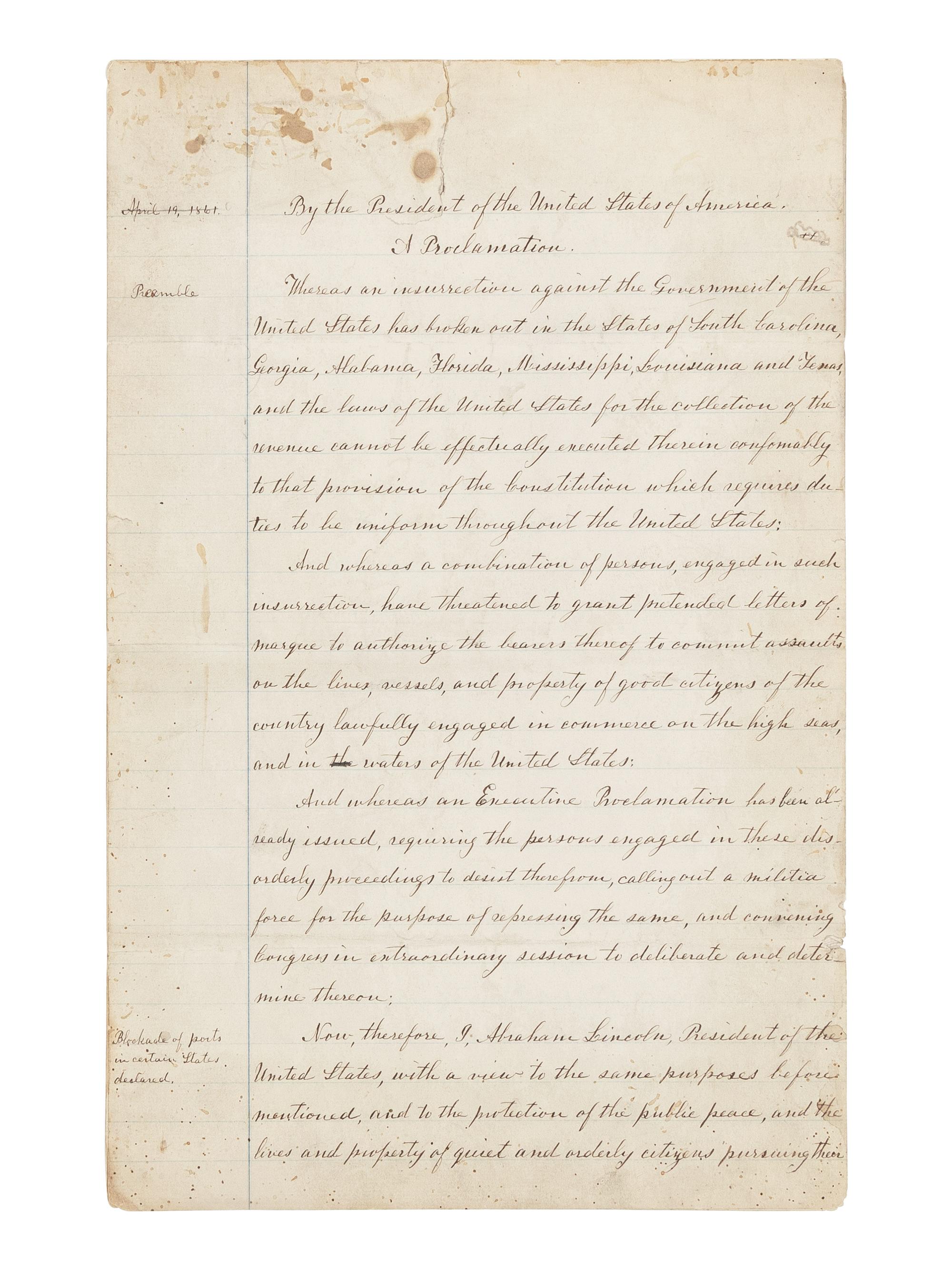 [LINCOLN, Abraham (1809-1865)]. A fair copy manuscript of Lincoln's proclamation ordering the blockade of all Confederate ports. Washington, D.C., ca. 18 April 1861 or before.