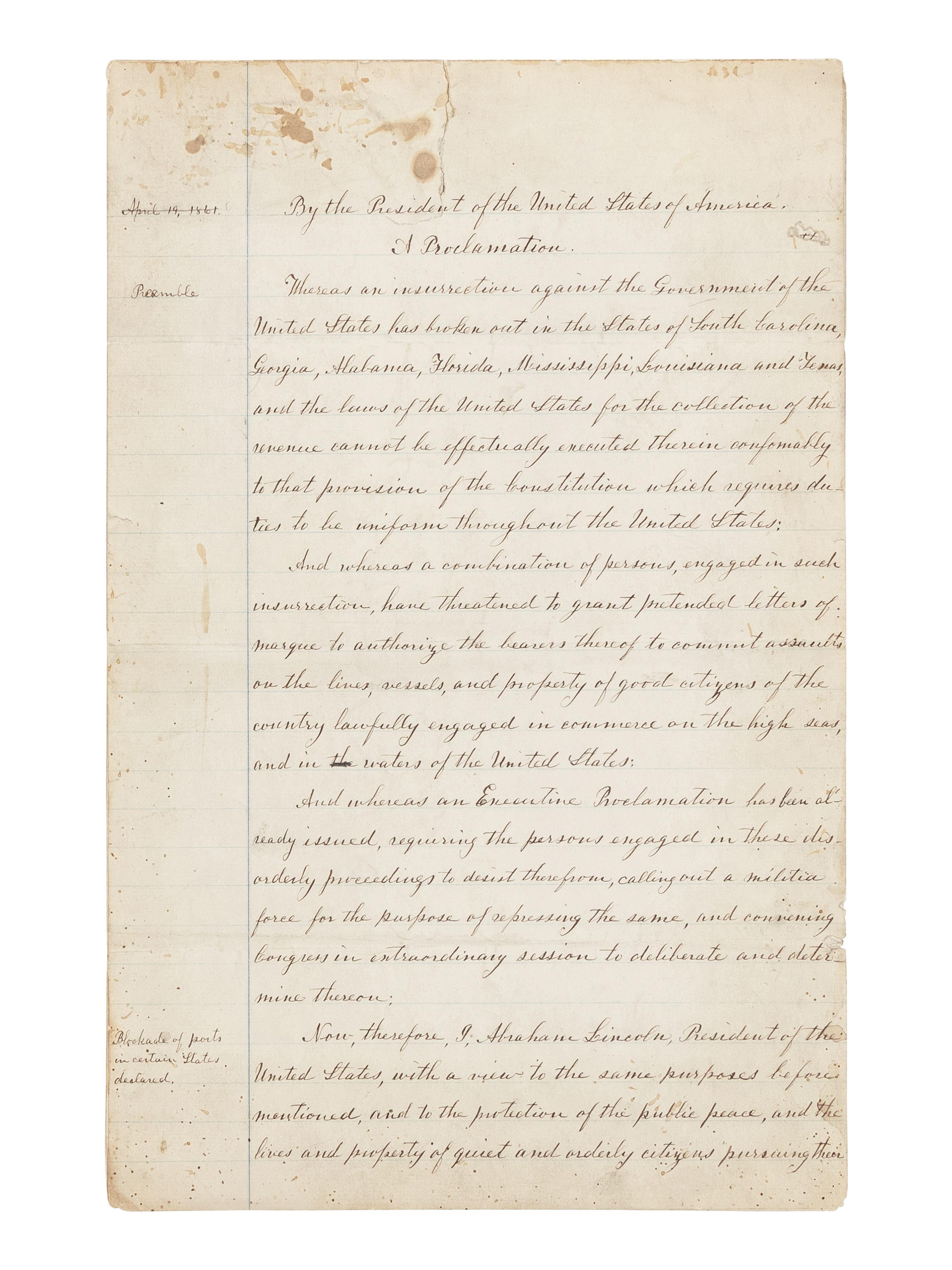 [LINCOLN, Abraham (1809-1865)]. A fair copy manuscript of Lincoln's proclamation ordering the blockade of all Confederate ports. Washington, D.C., ca. 18 April 1861 or before.