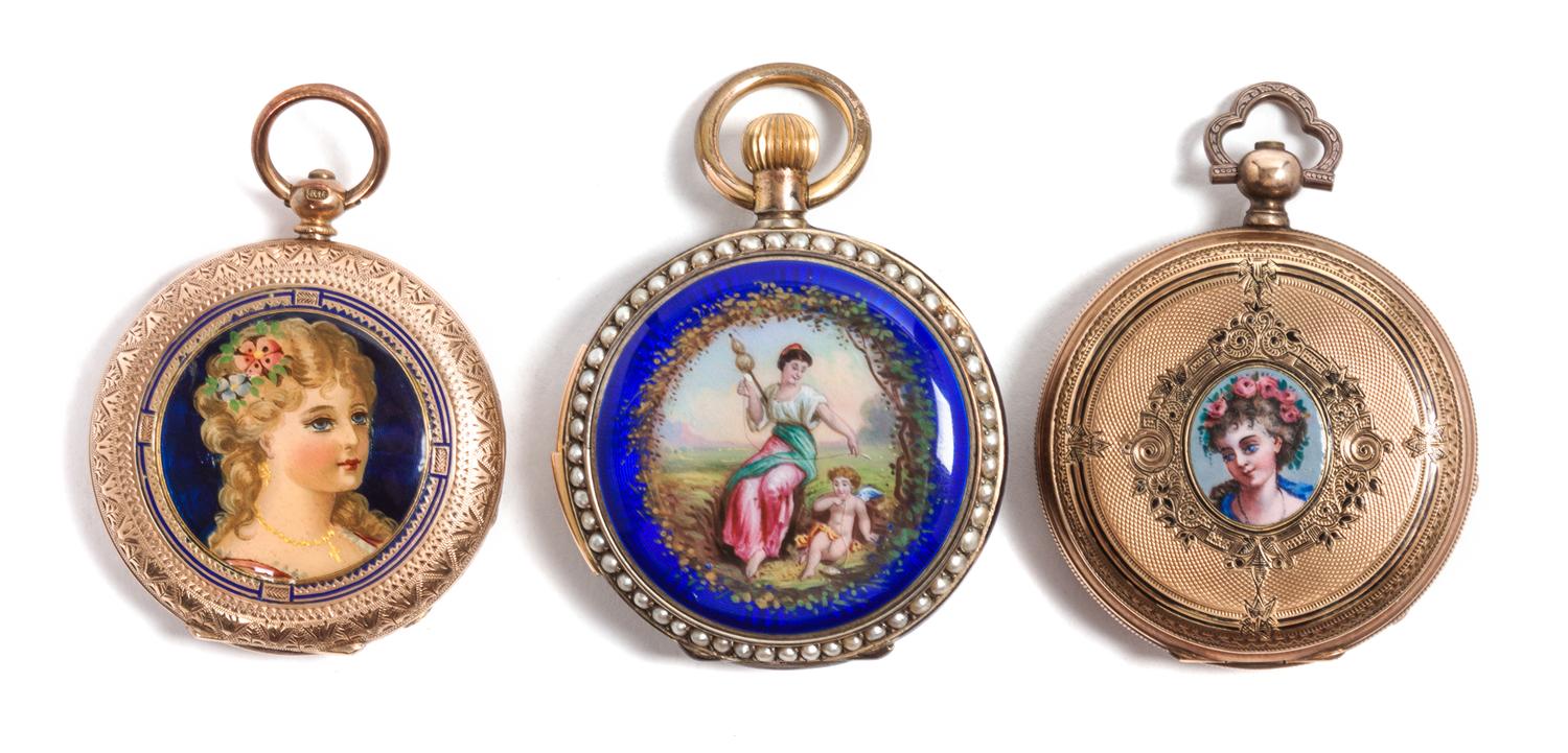 A Group of Three Enamel Portrait Pocket Watches Diameter of largest 1 5/8 inches.