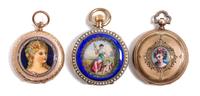 A Group of Three Enamel Portrait Pocket Watches Diameter of largest 1 5/8 inches.