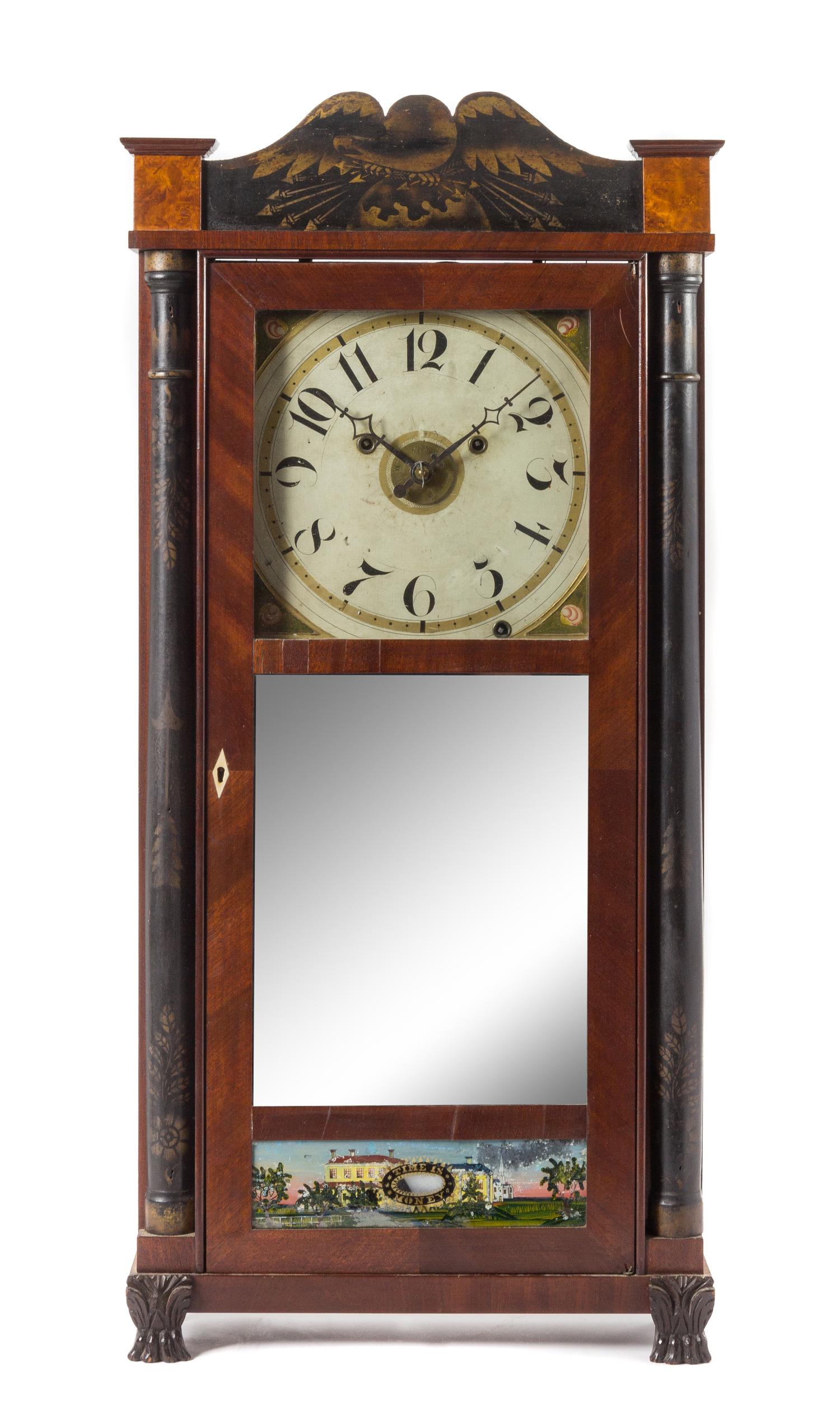 An American Mahogany Shelf Clock Height 36 3/4 x width 17 7/8 x depth 4 7/8 inches. — SILAS HOADLEY, PLYMOUTH, CONNECTICUT, CIRCA 1830