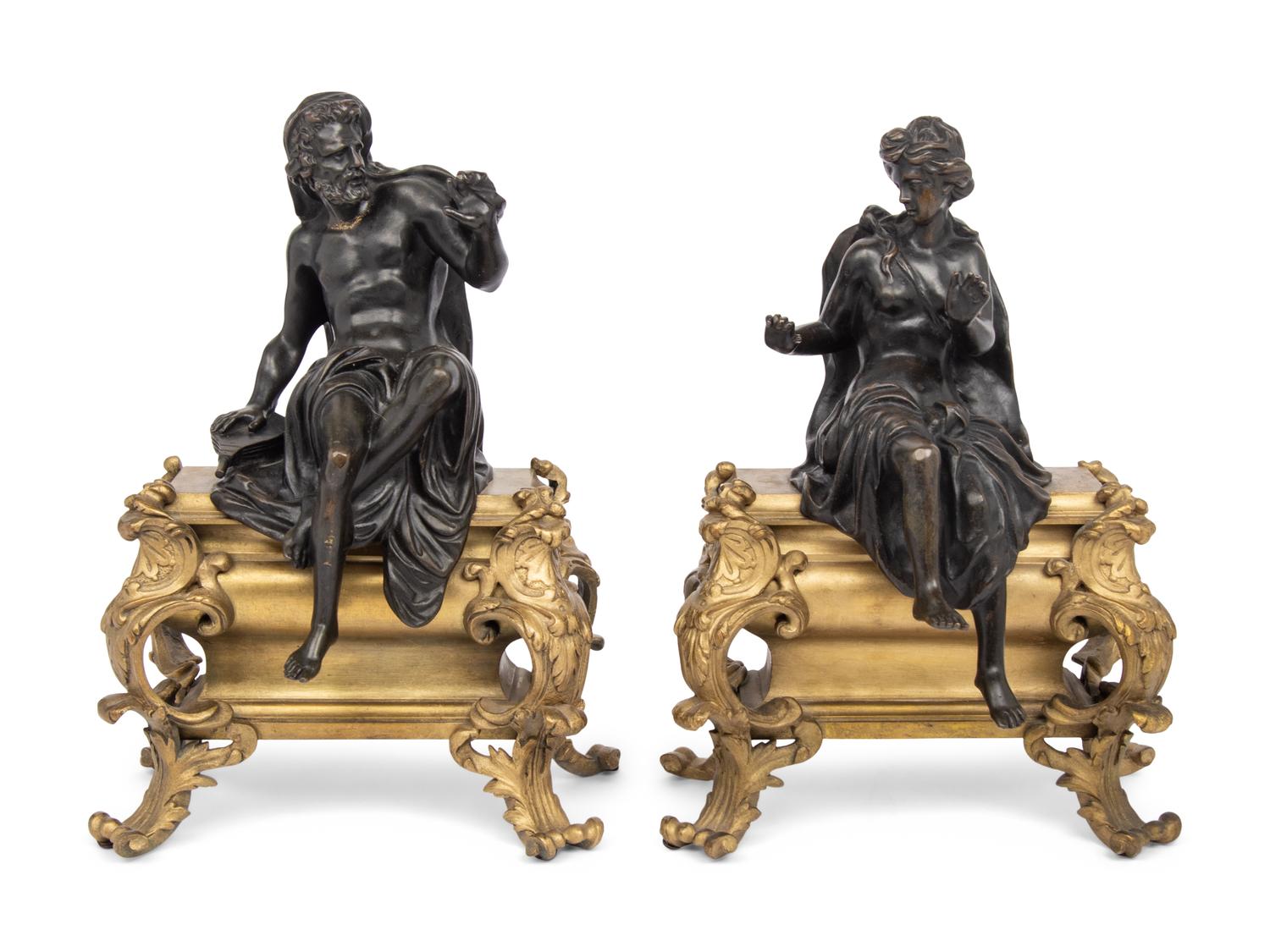 A Pair of French Gilt and Patinated Bronze Figural Chenets