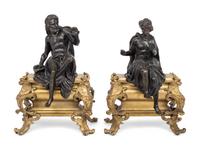 A Pair of French Gilt and Patinated Bronze Figural Chenets