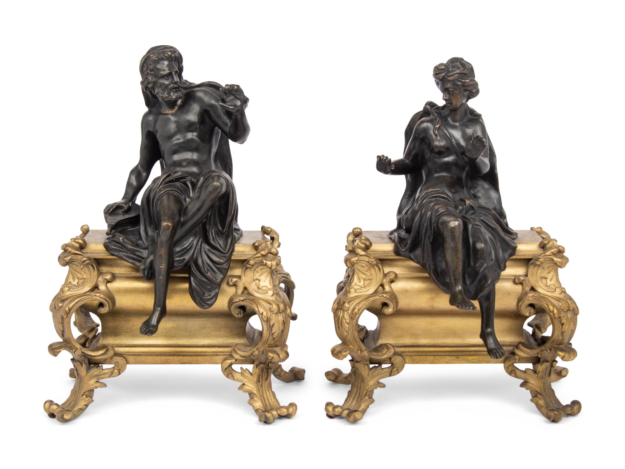A Pair of French Gilt and Patinated Bronze Figural Chenets
