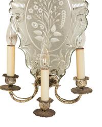 A Pair of Venetian Etched Glass and Silvered Metal Three Light Sconces