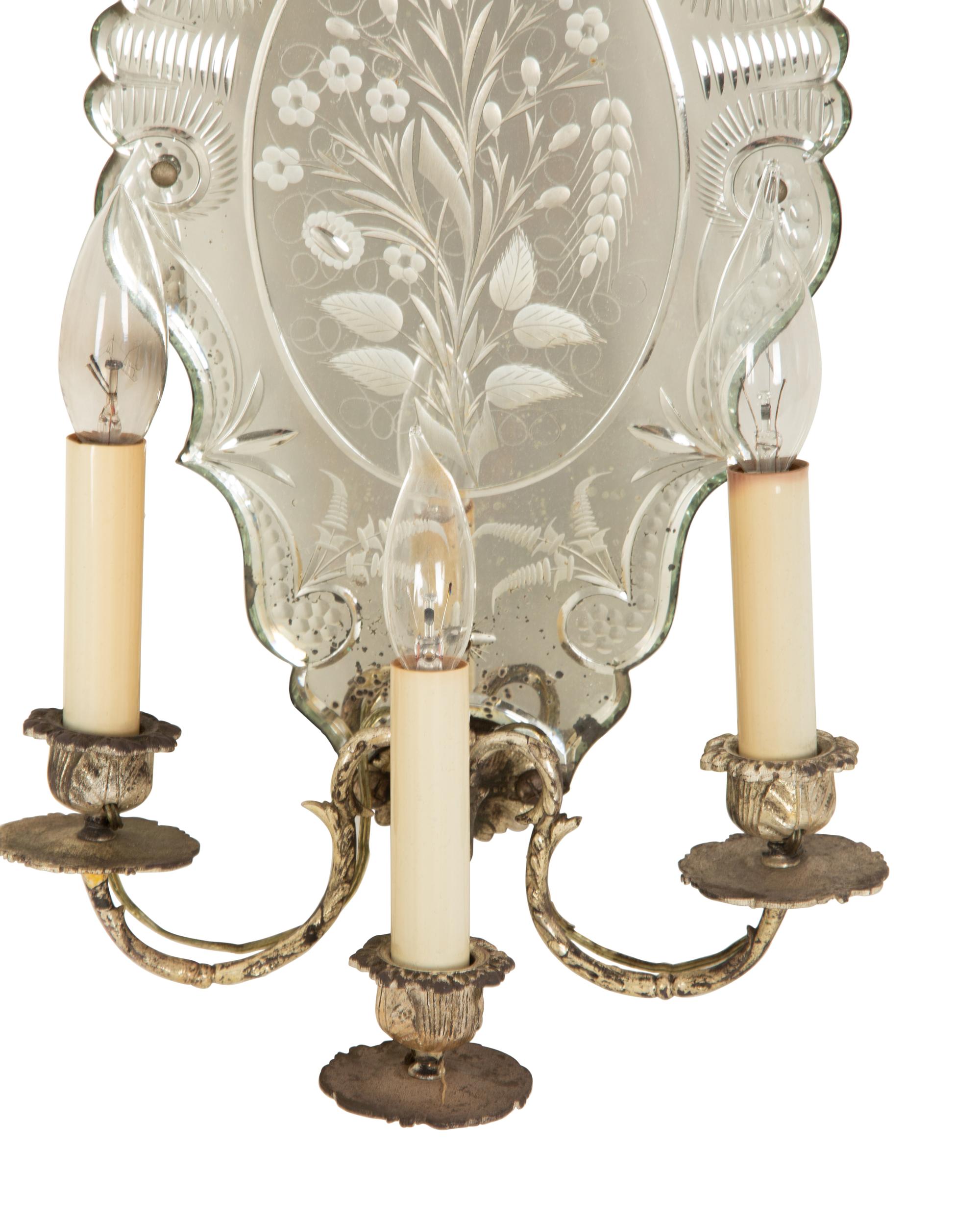 A Pair of Venetian Etched Glass and Silvered Metal Three Light Sconces