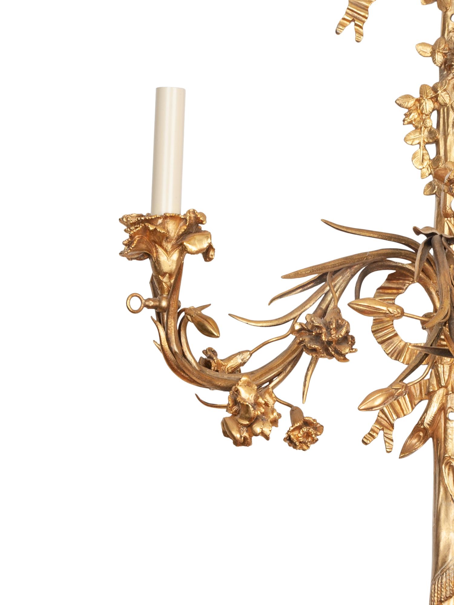 A Pair of Louis XVI Style Gilt Bronze Three-Light Sconces