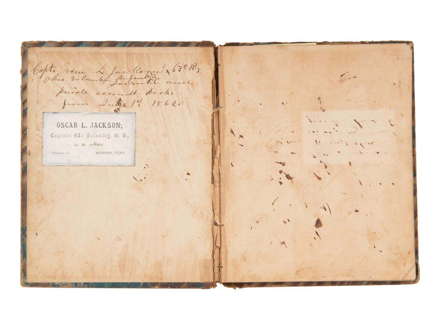 JACKSON, Col. Oscar L. (1840-1920). Five journals, incl. descriptions of Oscar L. Jackson's political activism during the 1860 campaign and his service with 63rd OVI, with campaign broadside noting Jackson as a speaker.