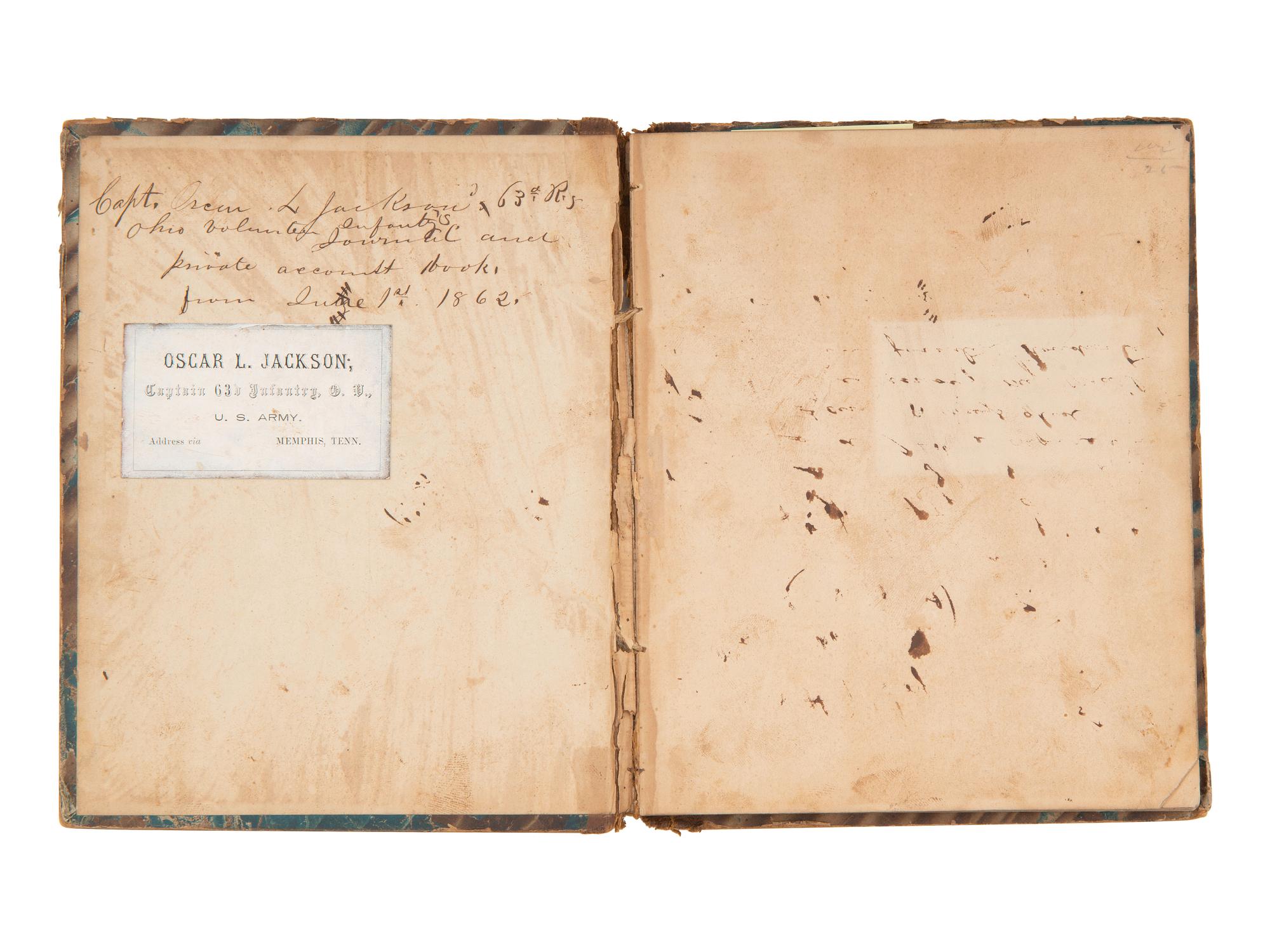 JACKSON, Col. Oscar L. (1840-1920). Five journals, incl. descriptions of Oscar L. Jackson's political activism during the 1860 campaign and his service with 63rd OVI, with campaign broadside noting Jackson as a speaker.