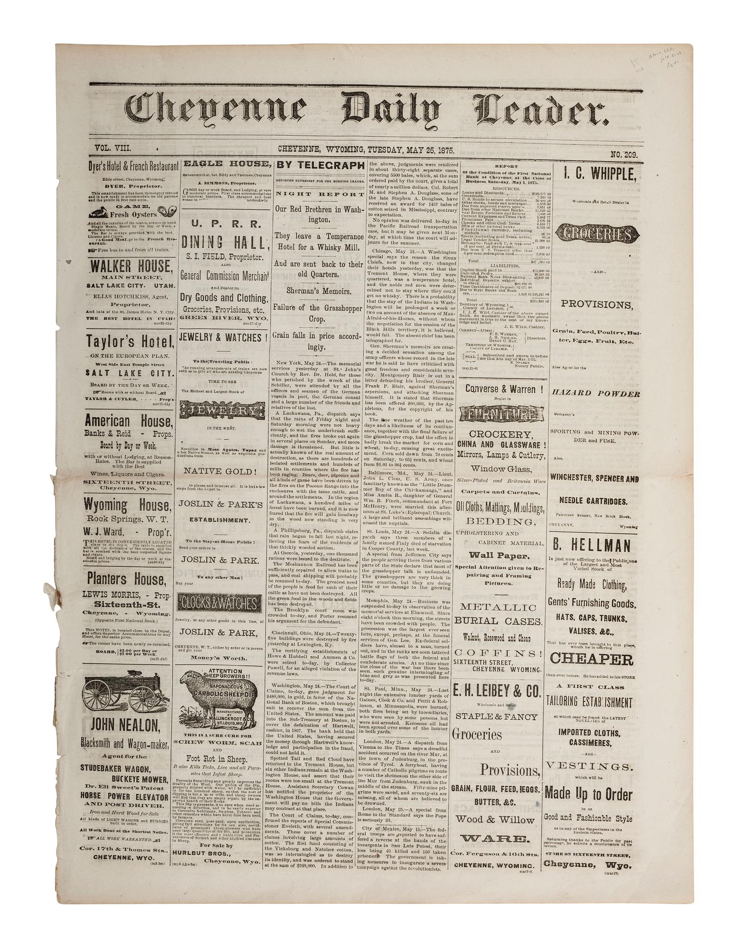 [GOLD MINING]. Cheyenne Daily Leader . Vol. VIII, No. 209. Cheyenne, Wyoming Territory: H. Glafcke, 25 May 1876. Early news report of the discovery of gold in the Black Hills.