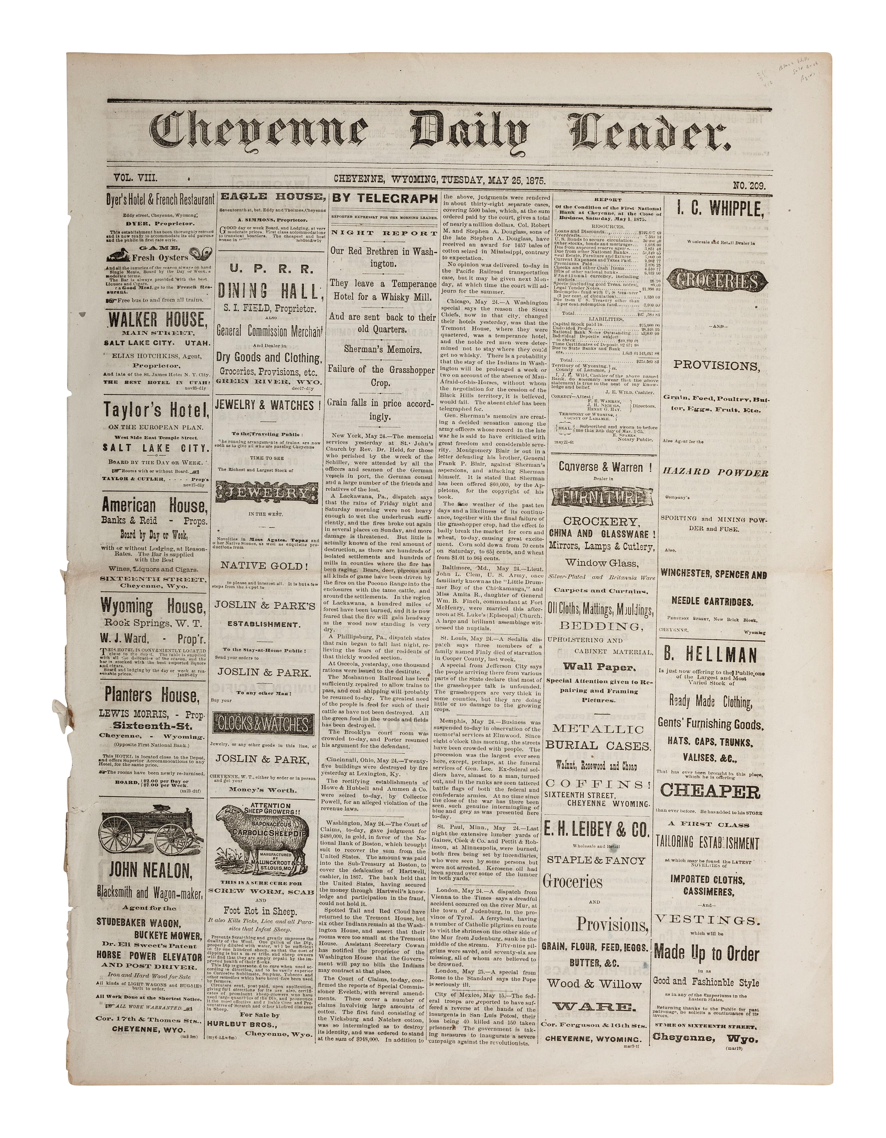 [GOLD MINING]. Cheyenne Daily Leader . Vol. VIII, No. 209. Cheyenne, Wyoming Territory: H. Glafcke, 25 May 1876. Early news report of the discovery of gold in the Black Hills.