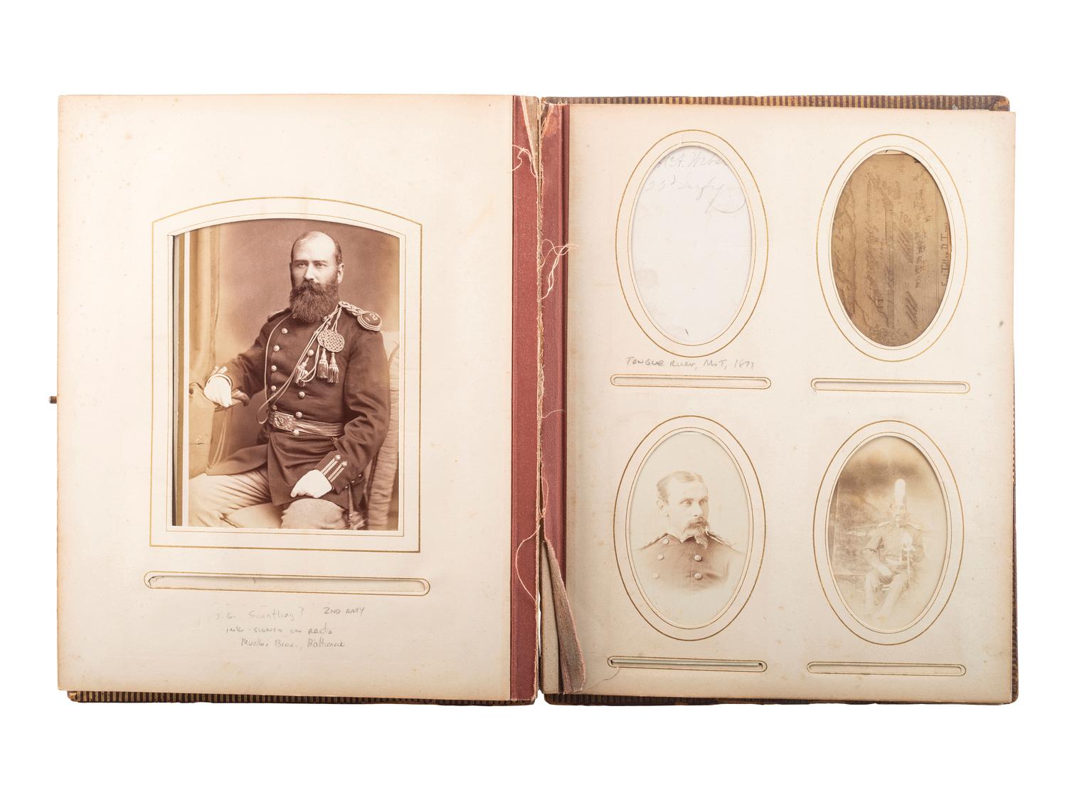 [LATE INDIAN WARS]. Photo album identified to Oskaloosa M. Smith, 22nd US Infantry, containing CDVs and cabinet cards of civilians and officers, some identified, incl. images by S.J. Morrow.