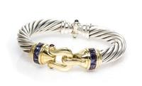 A Sterling Silver, 14 Karat Yellow Gold, Iolite, Garnet and Green Tourmaline 'Buckle' Bracelet, David Yurman, 35.70 dwts.