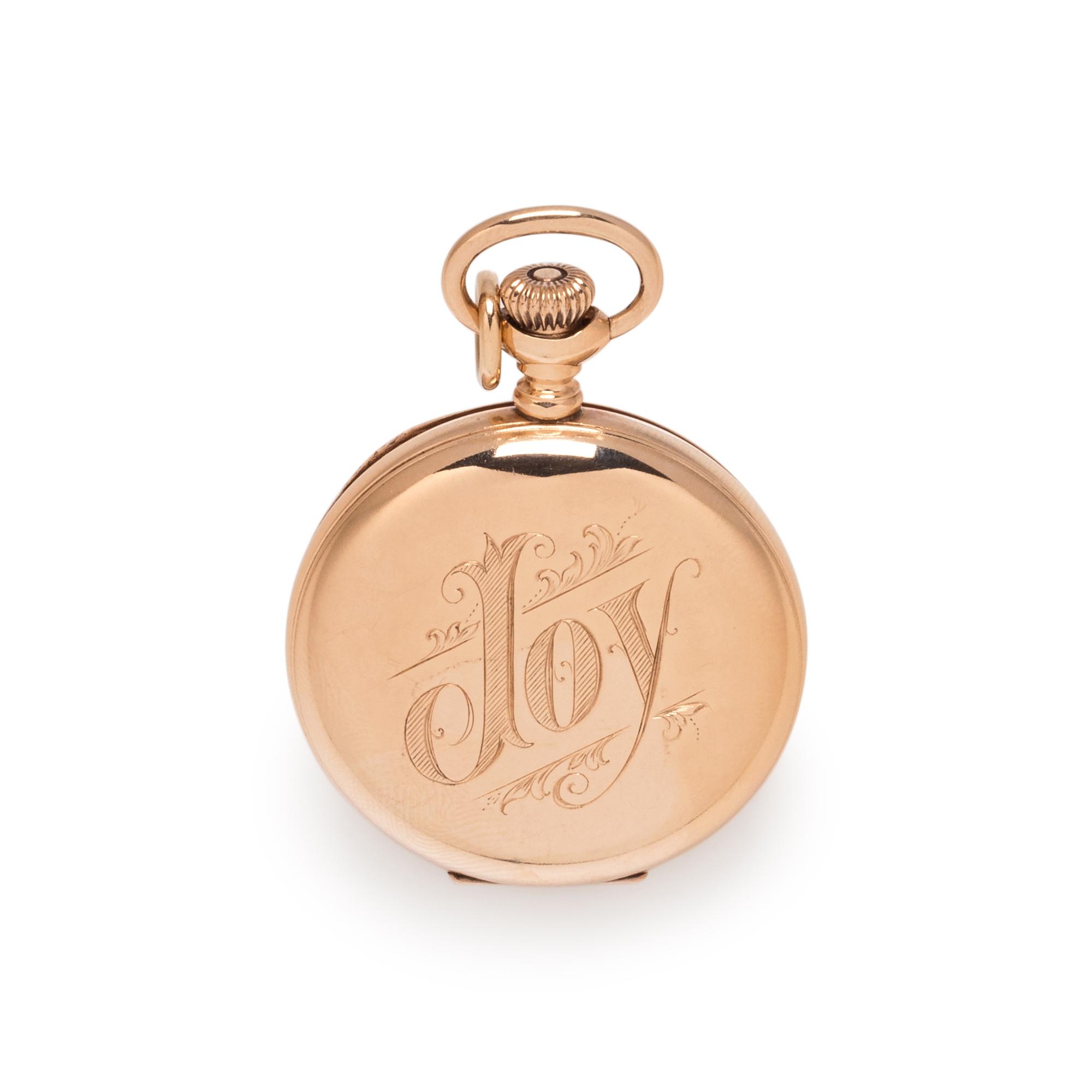 WALTHAM, 14K YELLOW GOLD AND DIAMOND HUNTER CASE POCKET WATCH