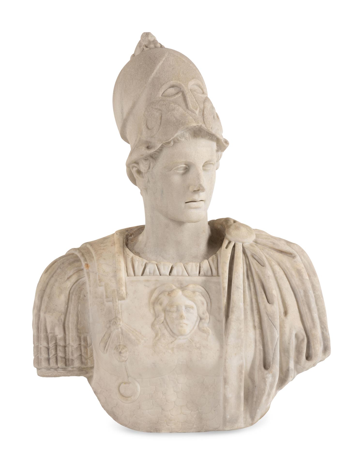 An Italian Carved Marble Bust of Ares