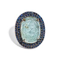 CARVED AQUAMARINE AND SAPPHIRE RING