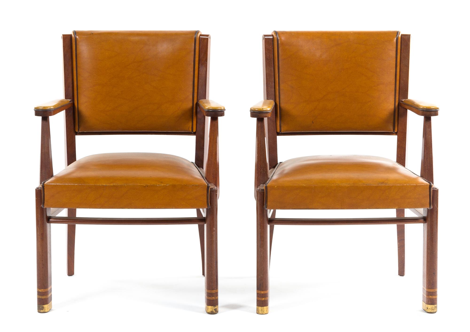 A Pair of French Art Deco Armchairs Height 34 1/2 x width 24 1/2 x depth 18 inches.