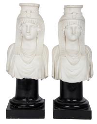 A Pair of Egyptian White Marble Composition Busts Height with base 17 x width 6 x depth 6 inches. — 19TH CENTURY