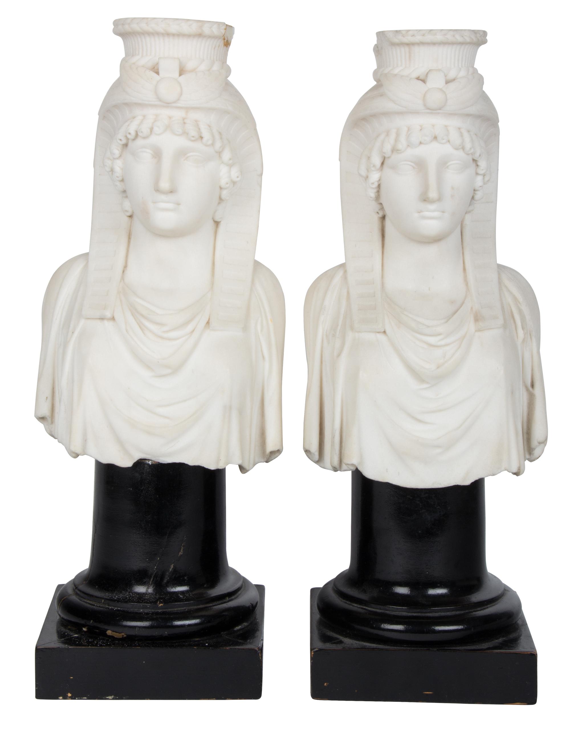 A Pair of Egyptian White Marble Composition Busts Height with base 17 x width 6 x depth 6 inches. — 19TH CENTURY