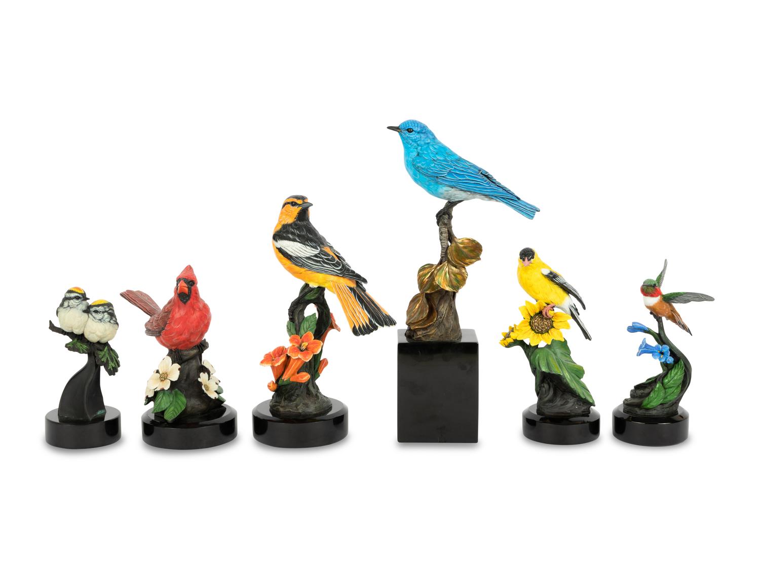 A Group of Six Bronze Bird Sculptures