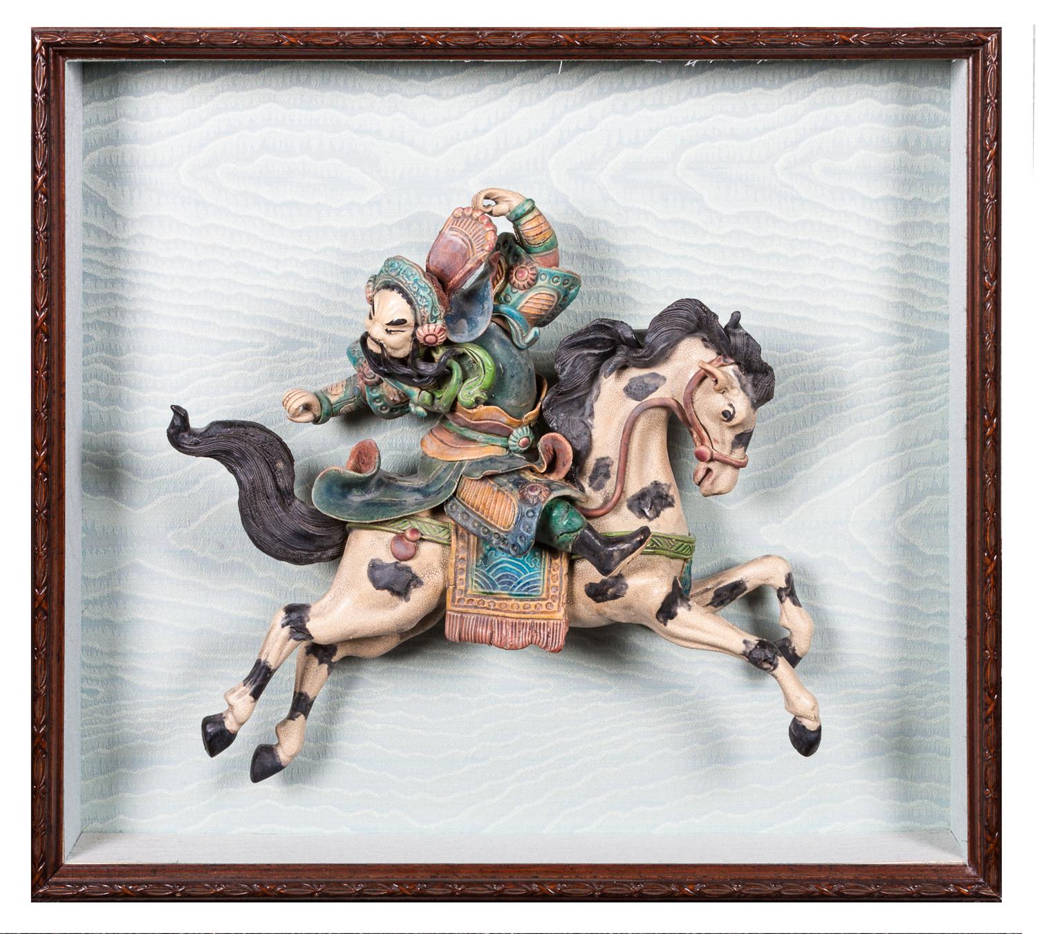Three Chinese Polychrome Enameled Pottery Roof Tiles Height of tallest 12 inches.