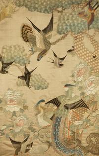 A Embroidered Silk Panel Inset Mother-of-Pearl Inlaid Hongmu Table Screen