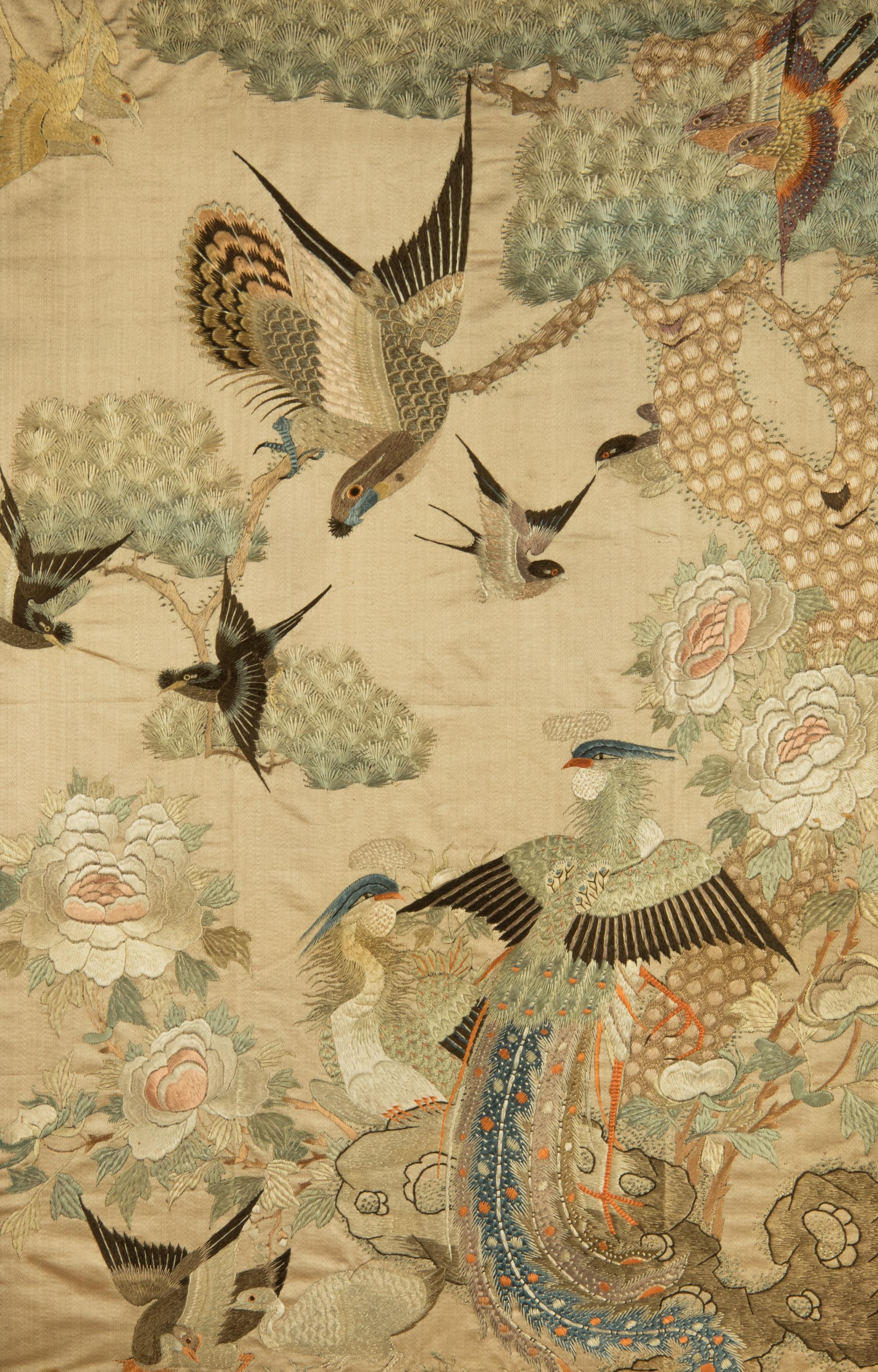 A Embroidered Silk Panel Inset Mother-of-Pearl Inlaid Hongmu Table Screen