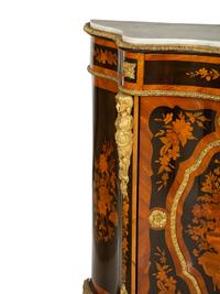 A Napoleon III Gilt Bronze Mounted Marquetry Marble-Top Serpentine Cabinet