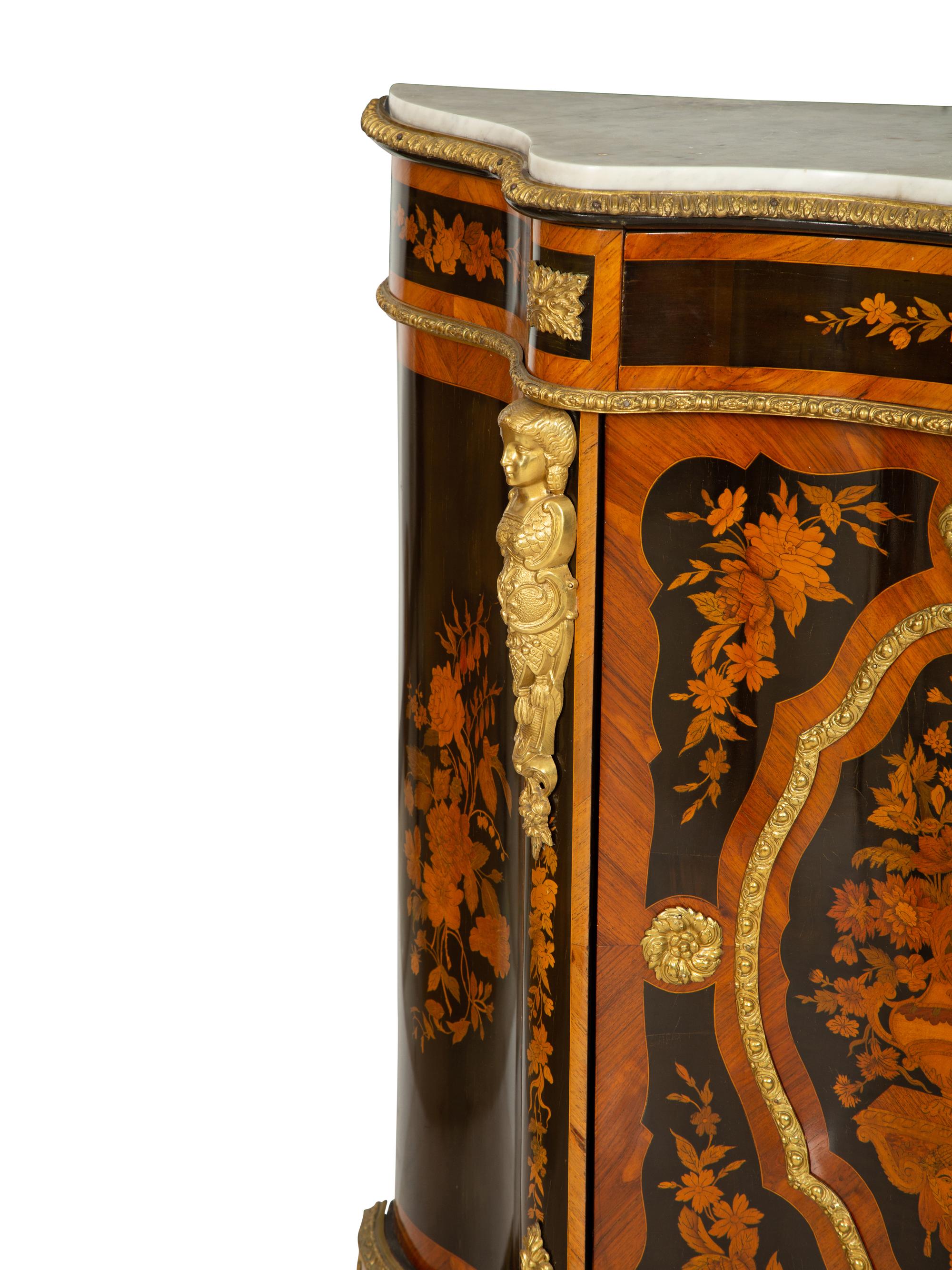 A Napoleon III Gilt Bronze Mounted Marquetry Marble-Top Serpentine Cabinet