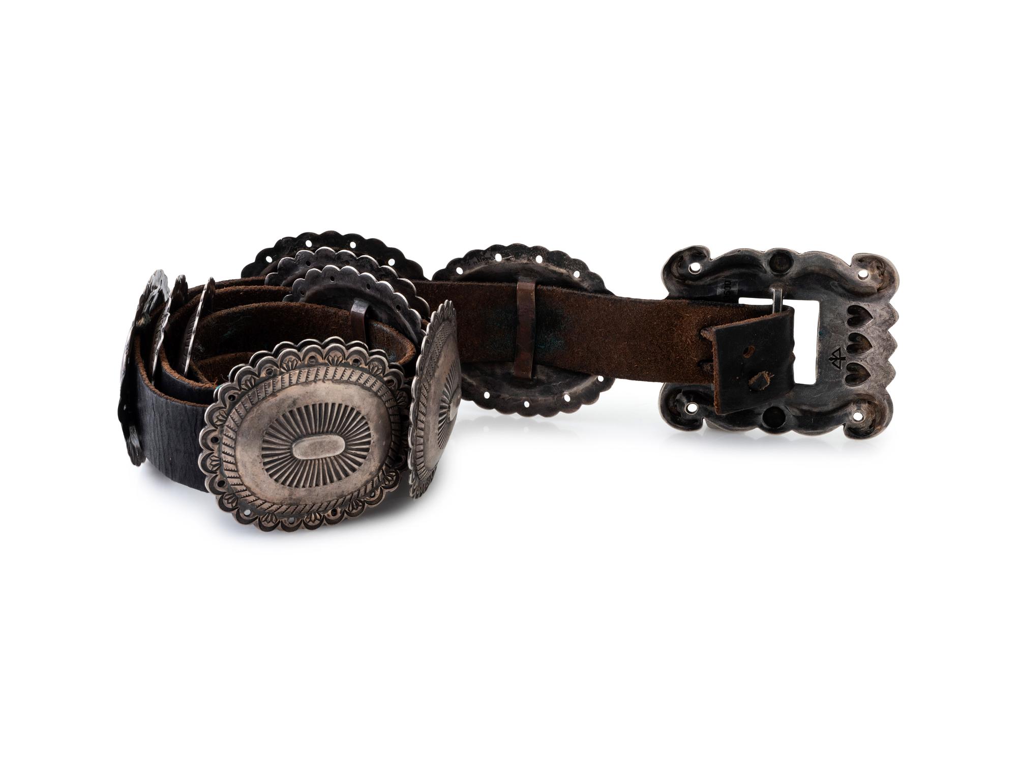 Heavily Stamped Silver Concha Belt, with Heart-shaped Repoussé