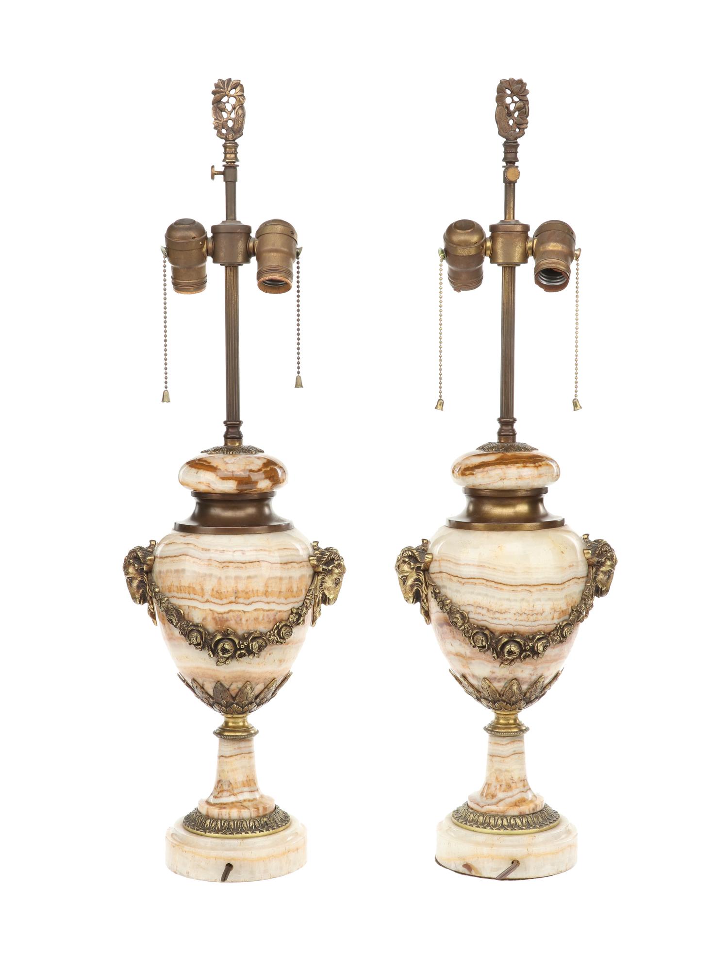 A Pair of Continental Gilt Bronze Mounted Onyx Urns