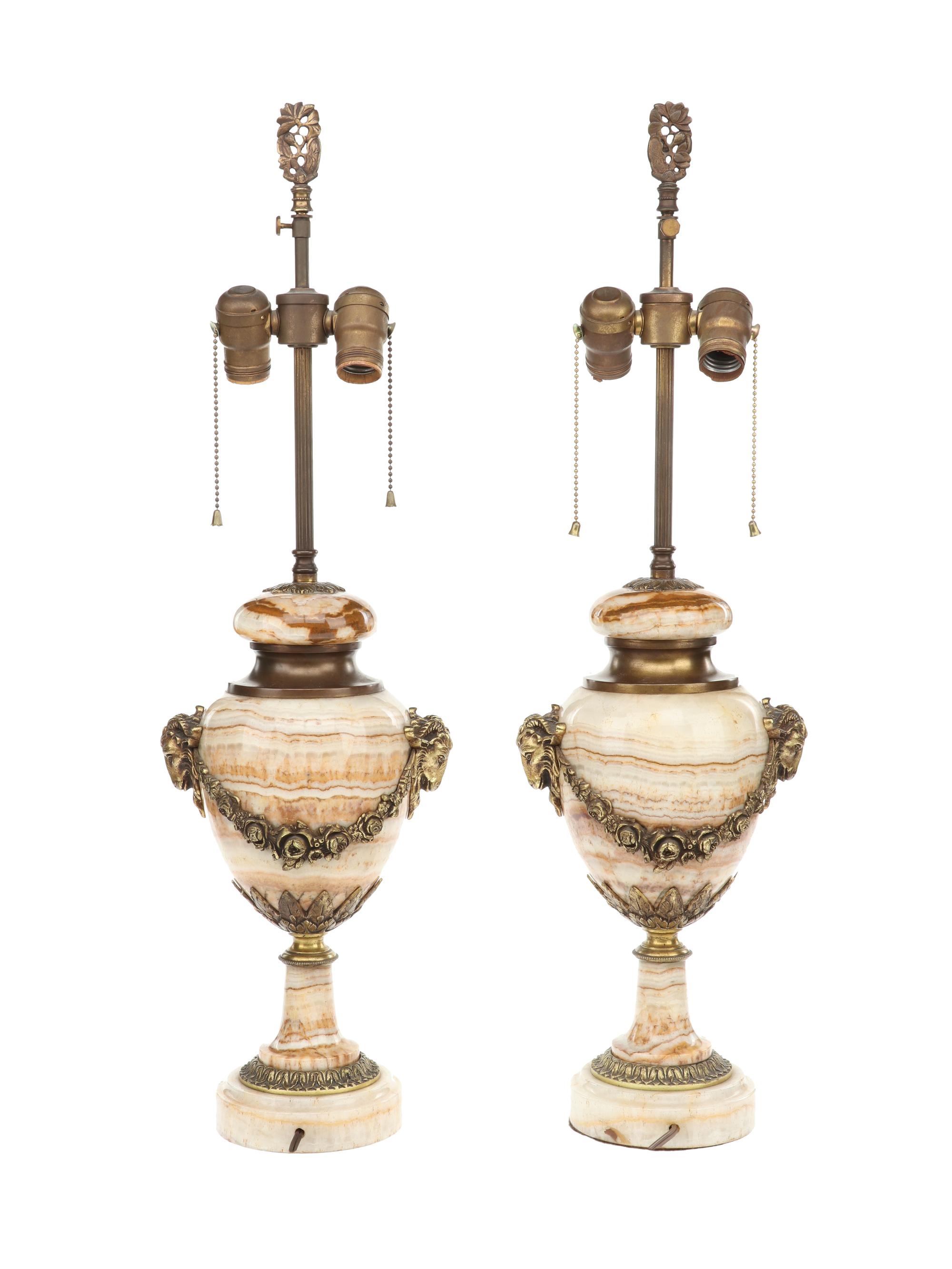 A Pair of Continental Gilt Bronze Mounted Onyx Urns