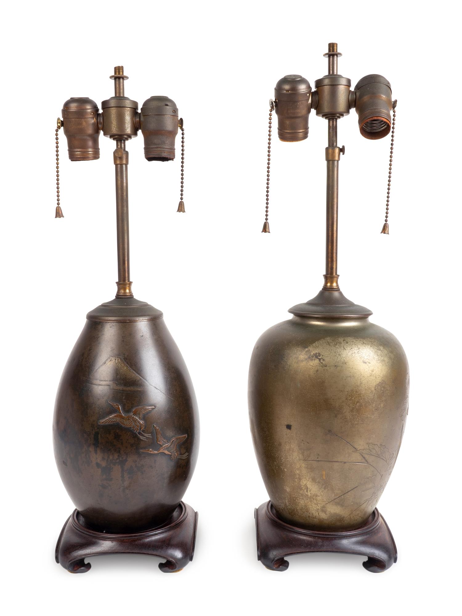 Two Japanese Patinated Bronze Vases Mounted as Lamps