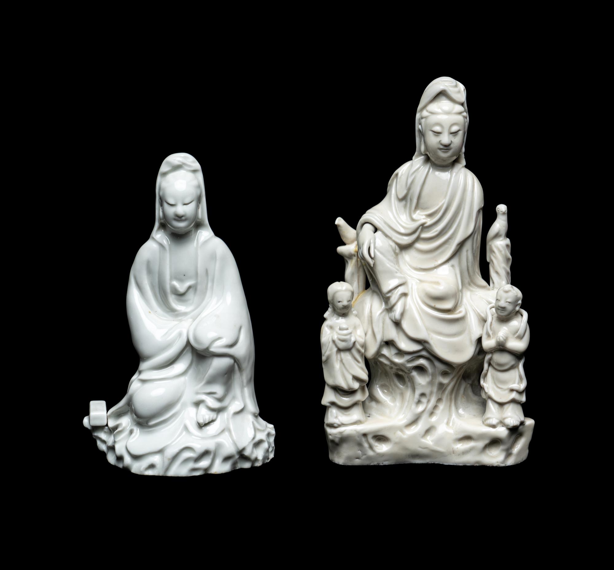 Two Chinese Blanc-de-Chine Porcelain Figural Groups of Guanyin