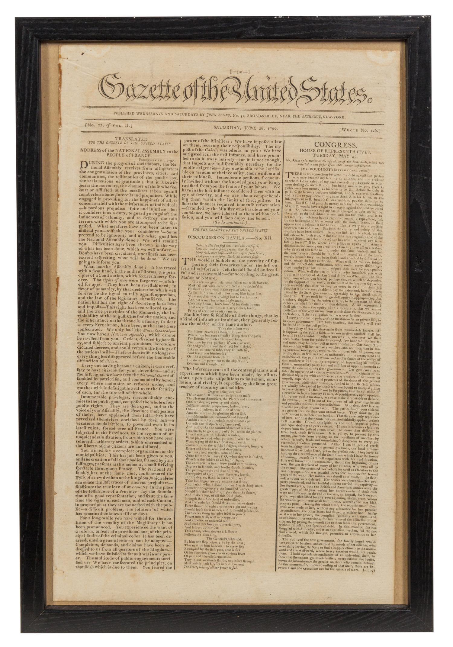 [NEWSPAPER]. Gazette of the United States. Vol. II, No. 22, Whole No.126. New York: John Fenno, 26 June 1790.