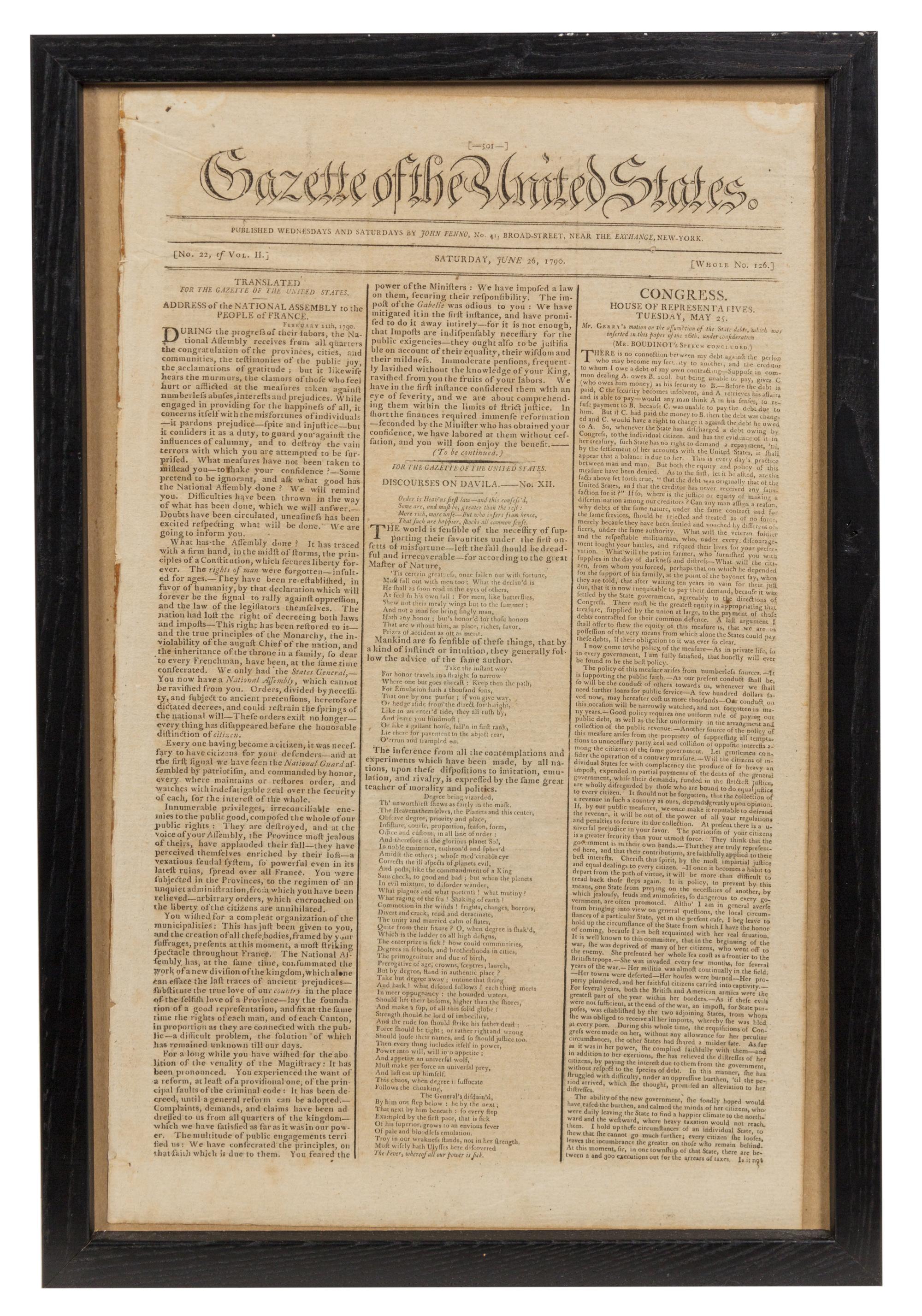 [NEWSPAPER]. Gazette of the United States. Vol. II, No. 22, Whole No.126. New York: John Fenno, 26 June 1790.