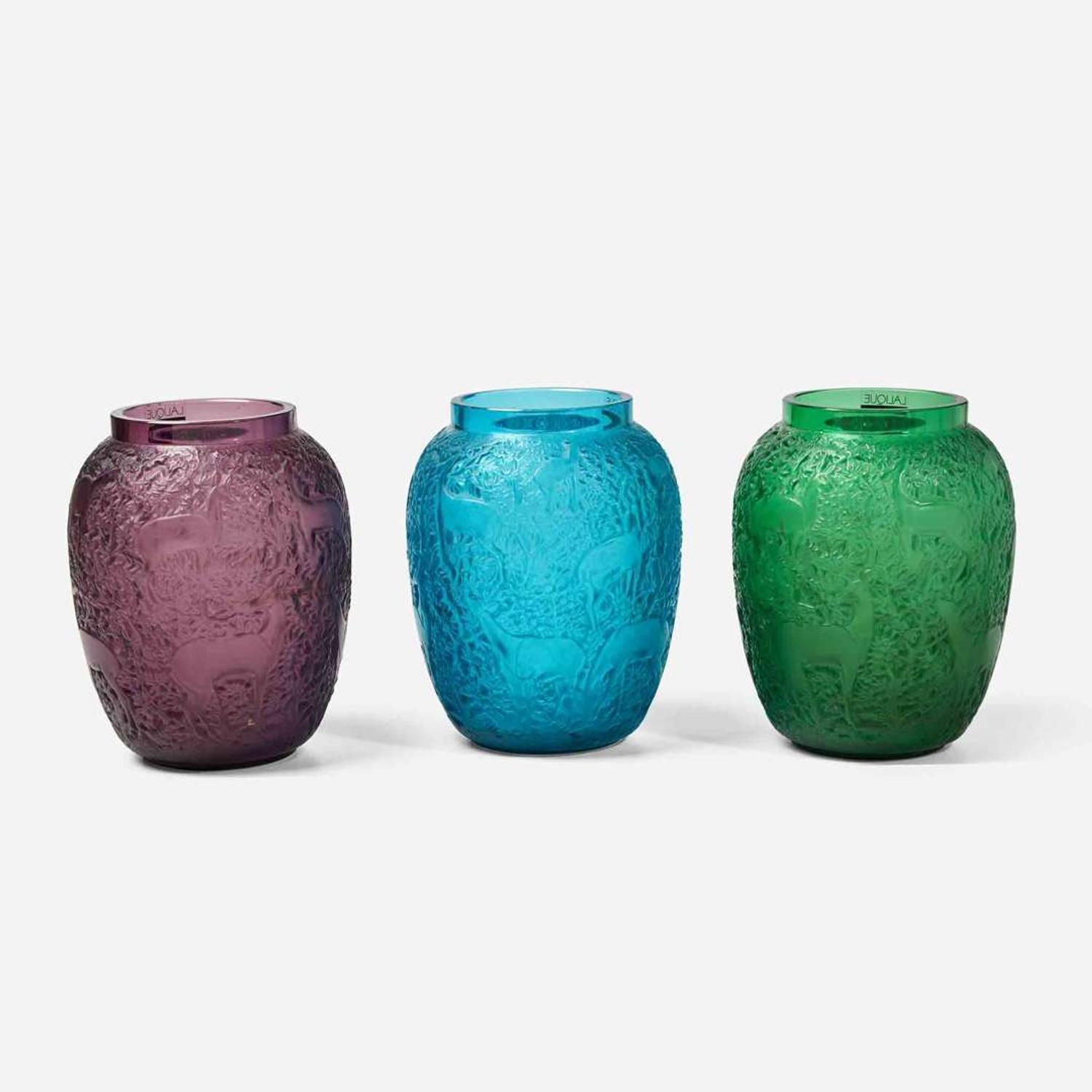 René Jules Lalique (French, 1860-1945) A Group of Three "Biches" Vases, France, 20th century