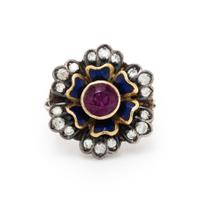 PINK SAPPHIRE, DIAMOND, AND ENAMEL FLOWER RING