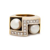 DIAMOND, CULTURED PEARL AND ENAMEL RING