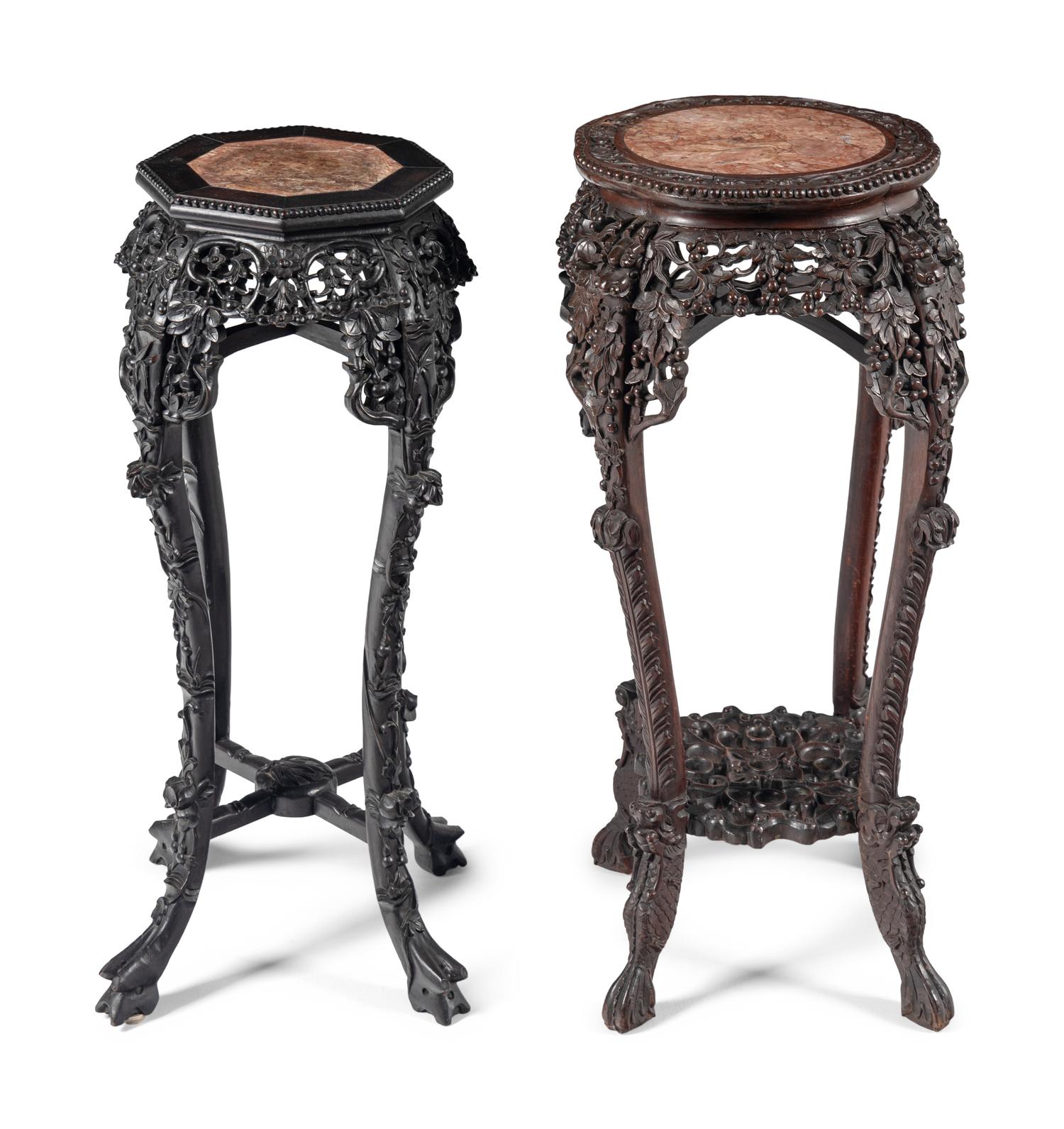 Two Chinese Carved Hardwood Marble-Inset Pedestals