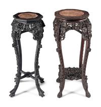 Two Chinese Carved Hardwood Marble-Inset Pedestals