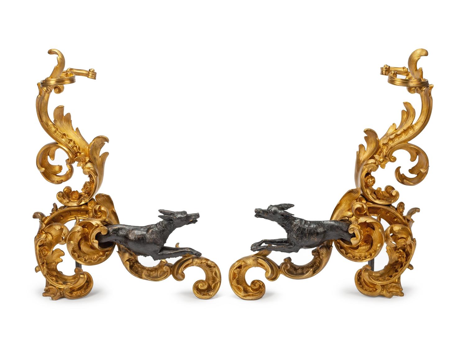 A Pair of Louis XV Style Gilt and Patinated Bronze Figural Chenets