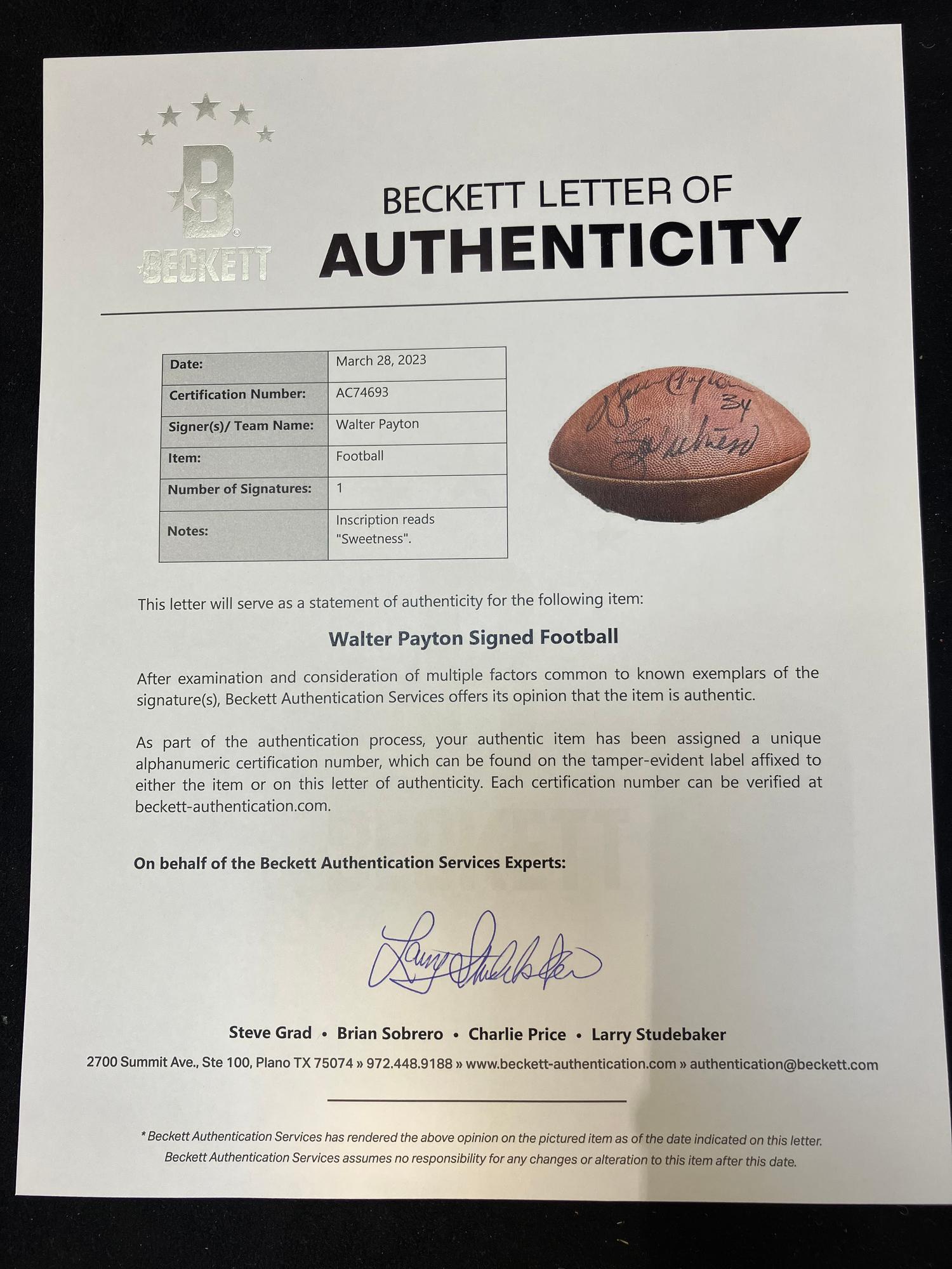 A Walter Payton Single Signed Autograph Wilson NFL Football With Sweetness Inscription (Beckett Authentication Services Letter),